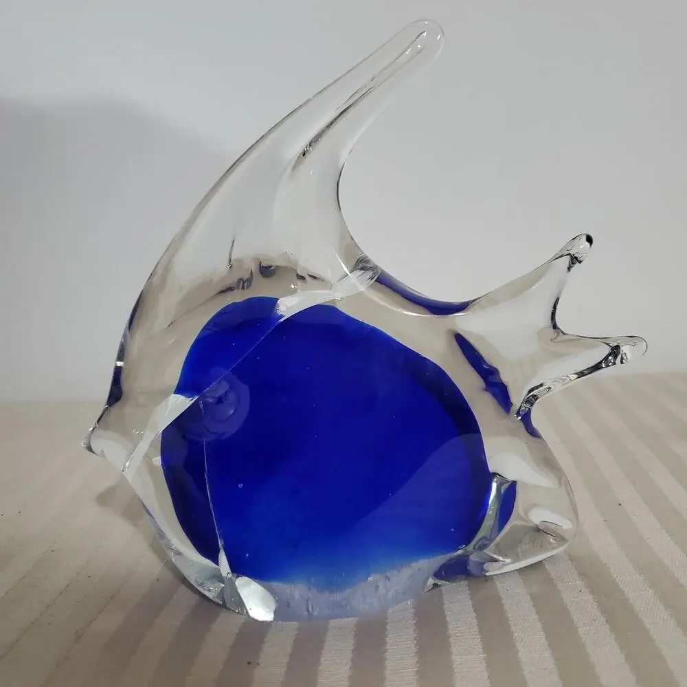 Vintage Glass Angel Fish Blue and Clear Paperweight Decor Figurine